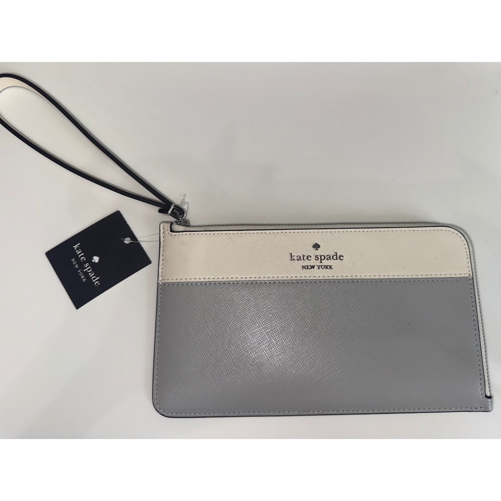 Kate Spade Lucy Medium L-Zip Wristlet Saffiano Leather Colorblock  Grey White